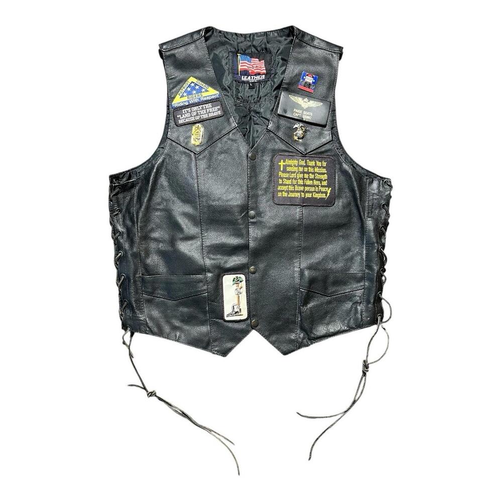USA Leather Biker Vest Mens Black Leather Biker Military